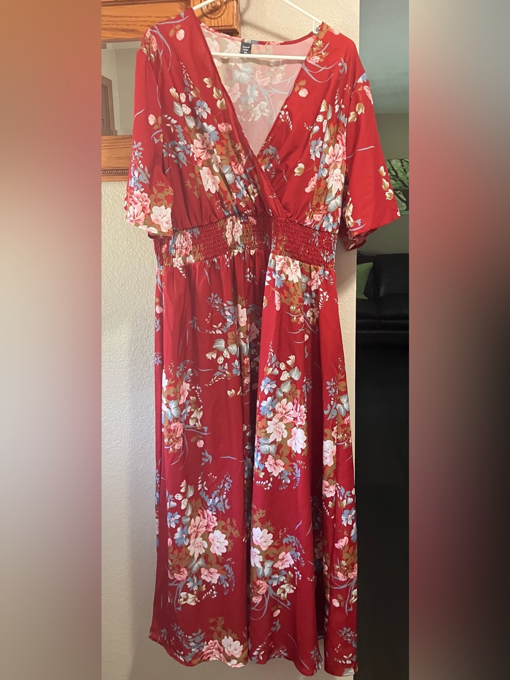 SHEIN Red Floral Wrap Maxi Dress with Pink Botanical Print